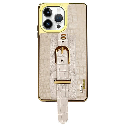 For iPhone 16 Pro Case Crocodile Texture PU Leather+TPU Electroplating Phone Cover Wristband Kickstand - White - 1