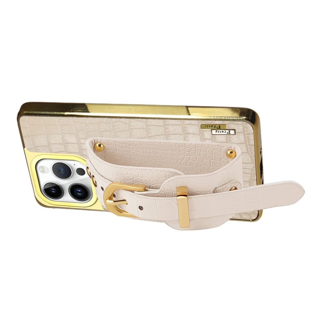 For iPhone 16 Pro Case Crocodile Texture PU Leather+TPU Electroplating Phone Cover Wristband Kickstand - White - 2