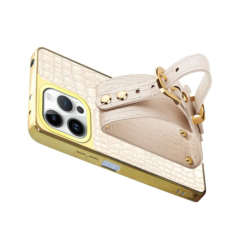 For iPhone 16 Pro Case Crocodile Texture PU Leather+TPU Electroplating Phone Cover Wristband Kickstand - White - 4