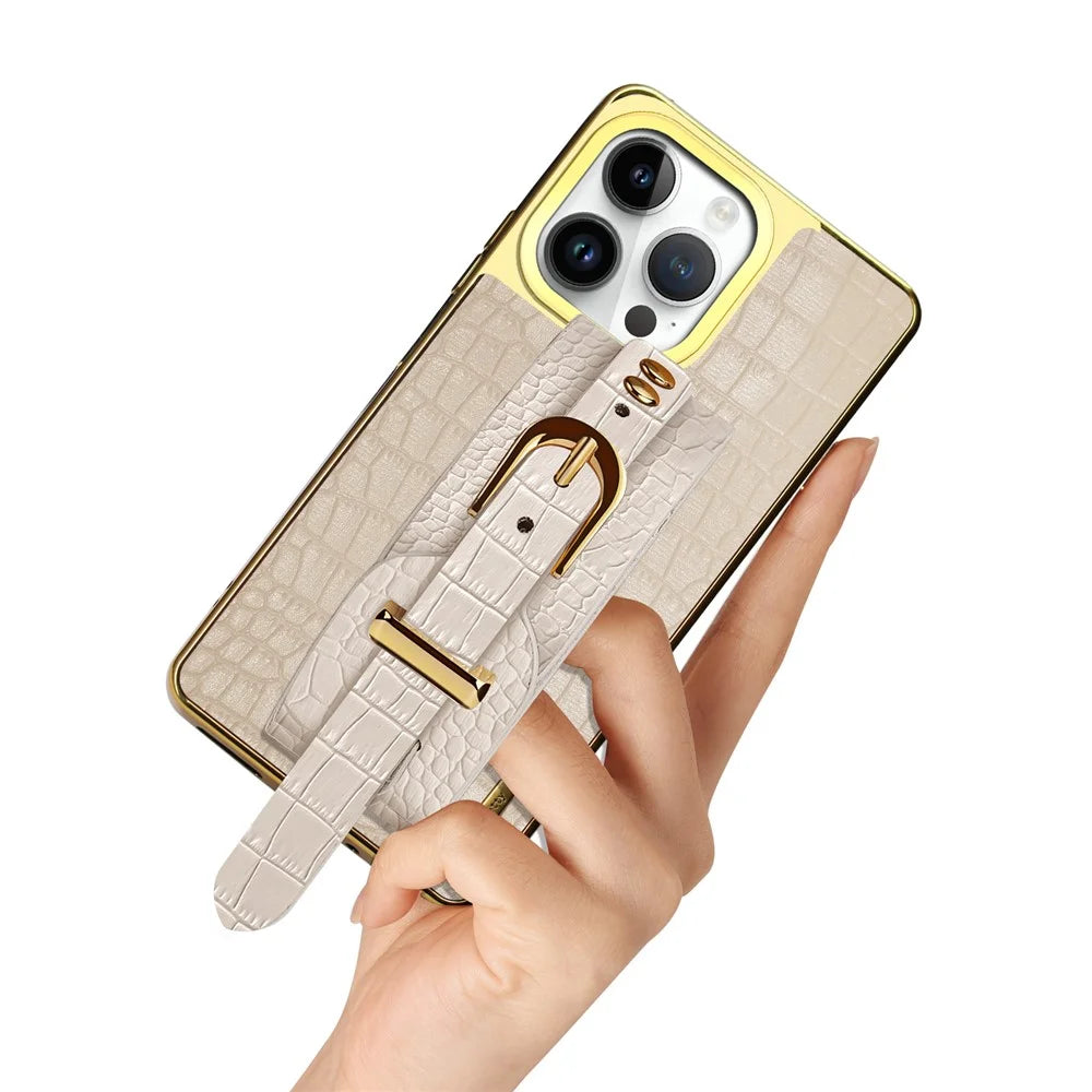 For iPhone 16 Pro Case Crocodile Texture PU Leather+TPU Electroplating Phone Cover Wristband Kickstand - White - 5