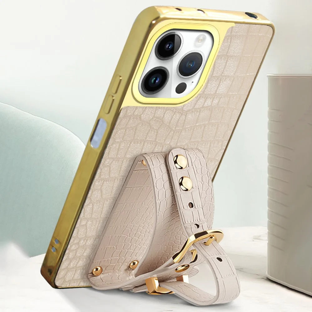 For iPhone 16 Pro Case Crocodile Texture PU Leather+TPU Electroplating Phone Cover Wristband Kickstand - White - 6