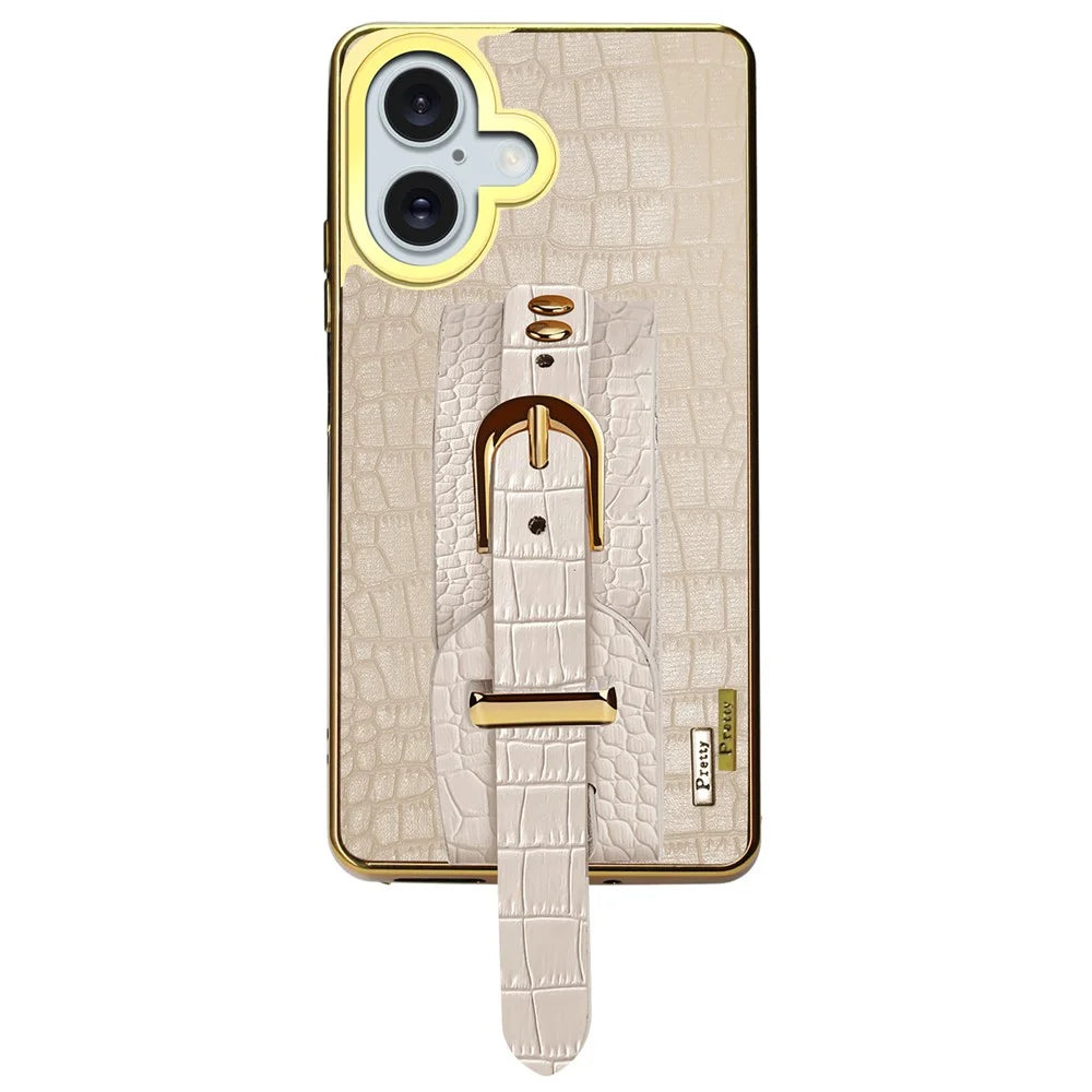 For iPhone 16 Case Crocodile Texture PU Leather+TPU Electroplating Phone Cover Wristband Kickstand - White - 1