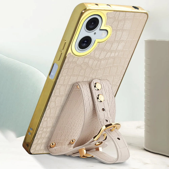 For iPhone 16 Case Crocodile Texture PU Leather+TPU Electroplating Phone Cover Wristband Kickstand - White - 7