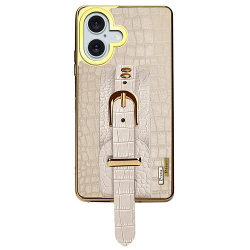 For iPhone 16 Plus Case Crocodile Texture PU Leather+TPU Electroplating Phone Cover Wristband Kickstand - White - 1
