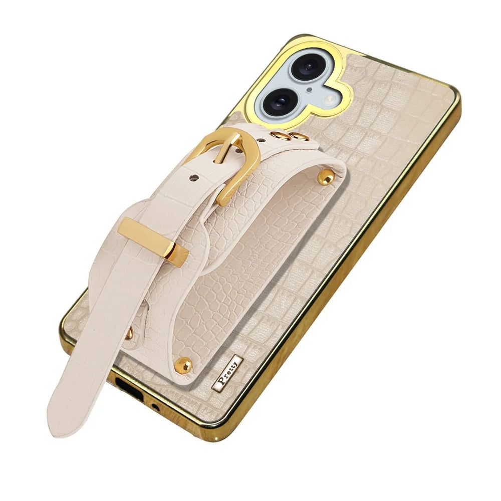 For iPhone 16 Plus Case Crocodile Texture PU Leather+TPU Electroplating Phone Cover Wristband Kickstand - White - 3