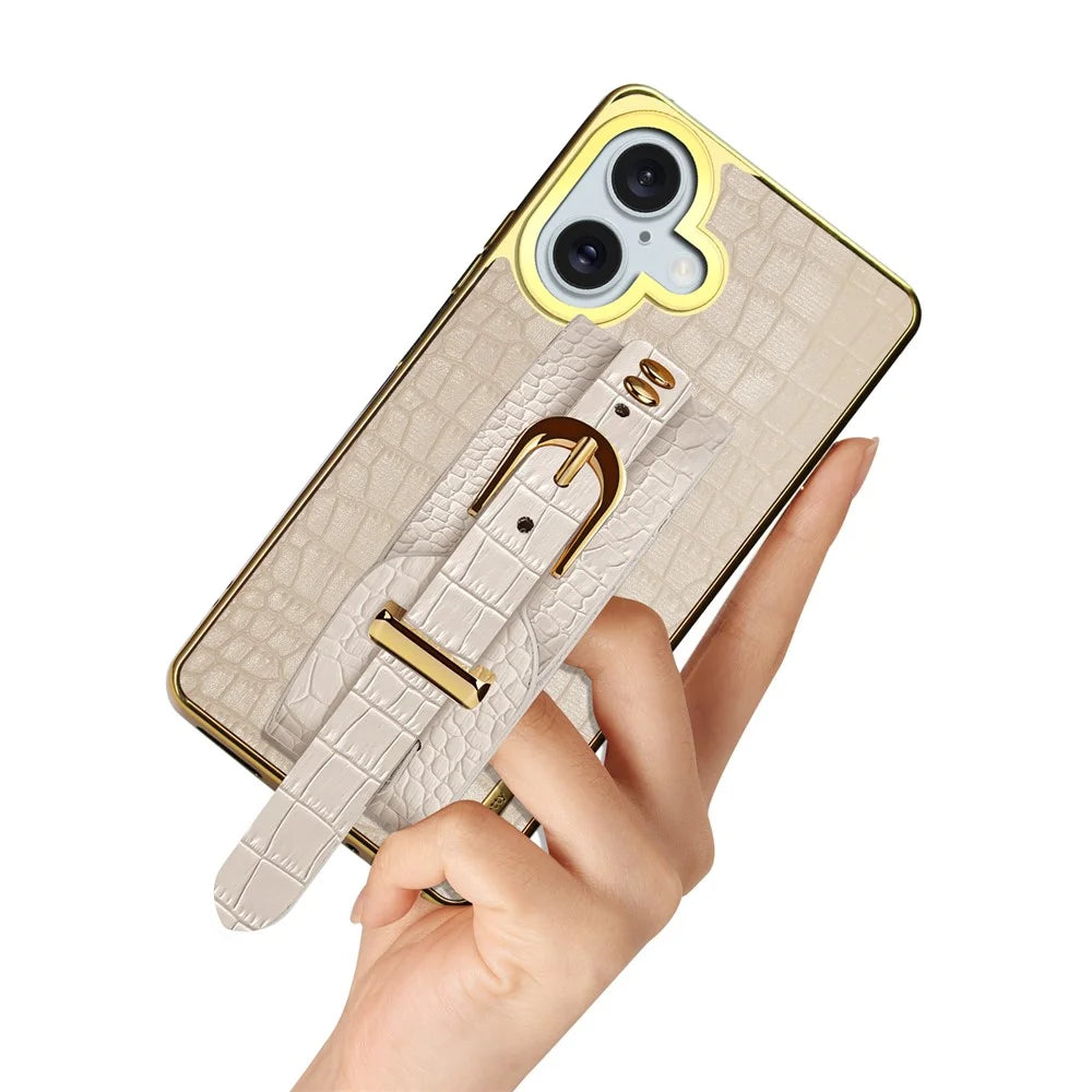 For iPhone 16 Plus Case Crocodile Texture PU Leather+TPU Electroplating Phone Cover Wristband Kickstand - White - 5