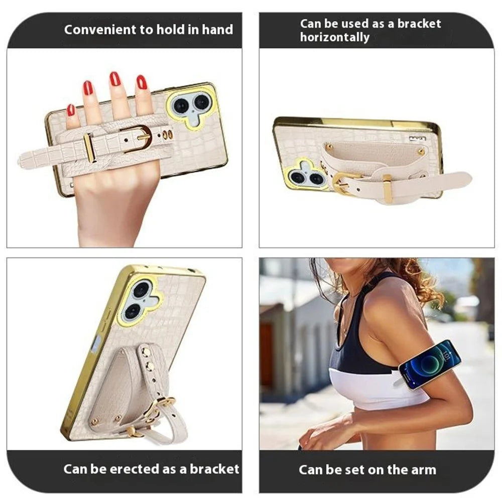 For iPhone 16 Plus Case Crocodile Texture PU Leather+TPU Electroplating Phone Cover Wristband Kickstand - White - 6