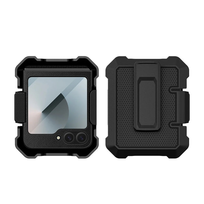 For Samsung Galaxy Z Flip5 5G Case Leather+PC Phone Cover with Kickstand Back Clip - Black - 1
