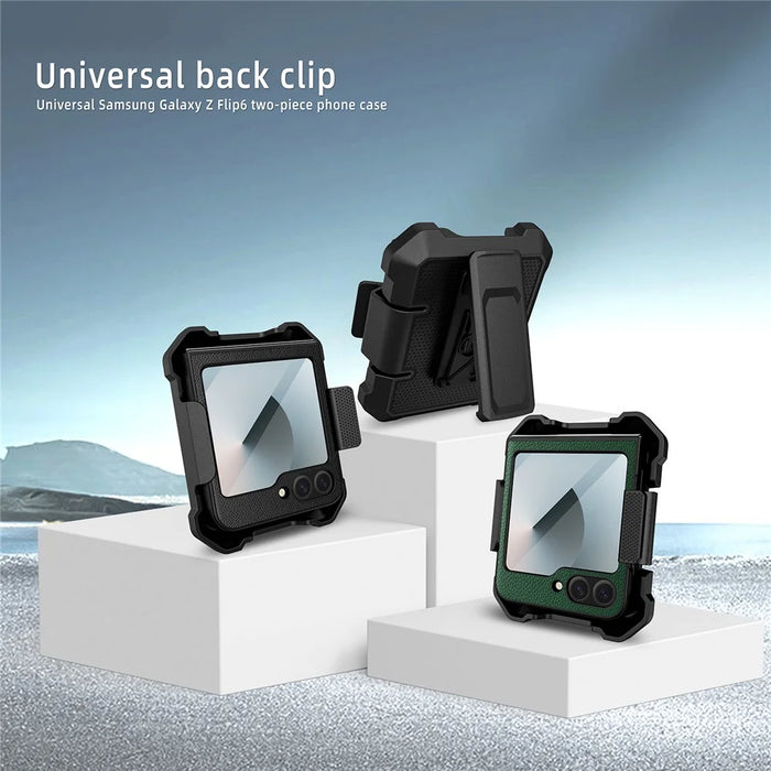 For Samsung Galaxy Z Flip5 5G Case Leather+PC Phone Cover with Kickstand Back Clip - Black - 2