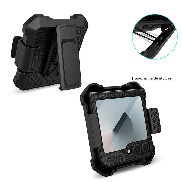 For Samsung Galaxy Z Flip5 5G Case Leather+PC Phone Cover with Kickstand Back Clip - Black - 4
