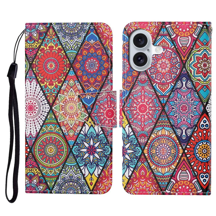 For iPhone 16 Case Pattern Printing Protective Leather Folio Phone Cover - Rhombus Totem - 1