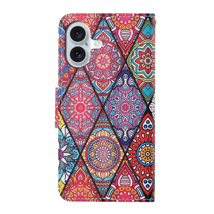 For iPhone 16 Case Pattern Printing Protective Leather Folio Phone Cover - Rhombus Totem - 7