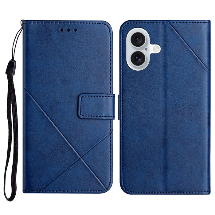 For iPhone 16 Leather Case Line Pattern Wallet Phone Cover - Blue - 1