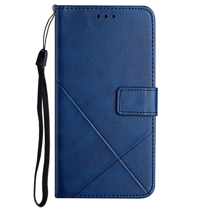 For iPhone 16 Leather Case Line Pattern Wallet Phone Cover - Blue - 6