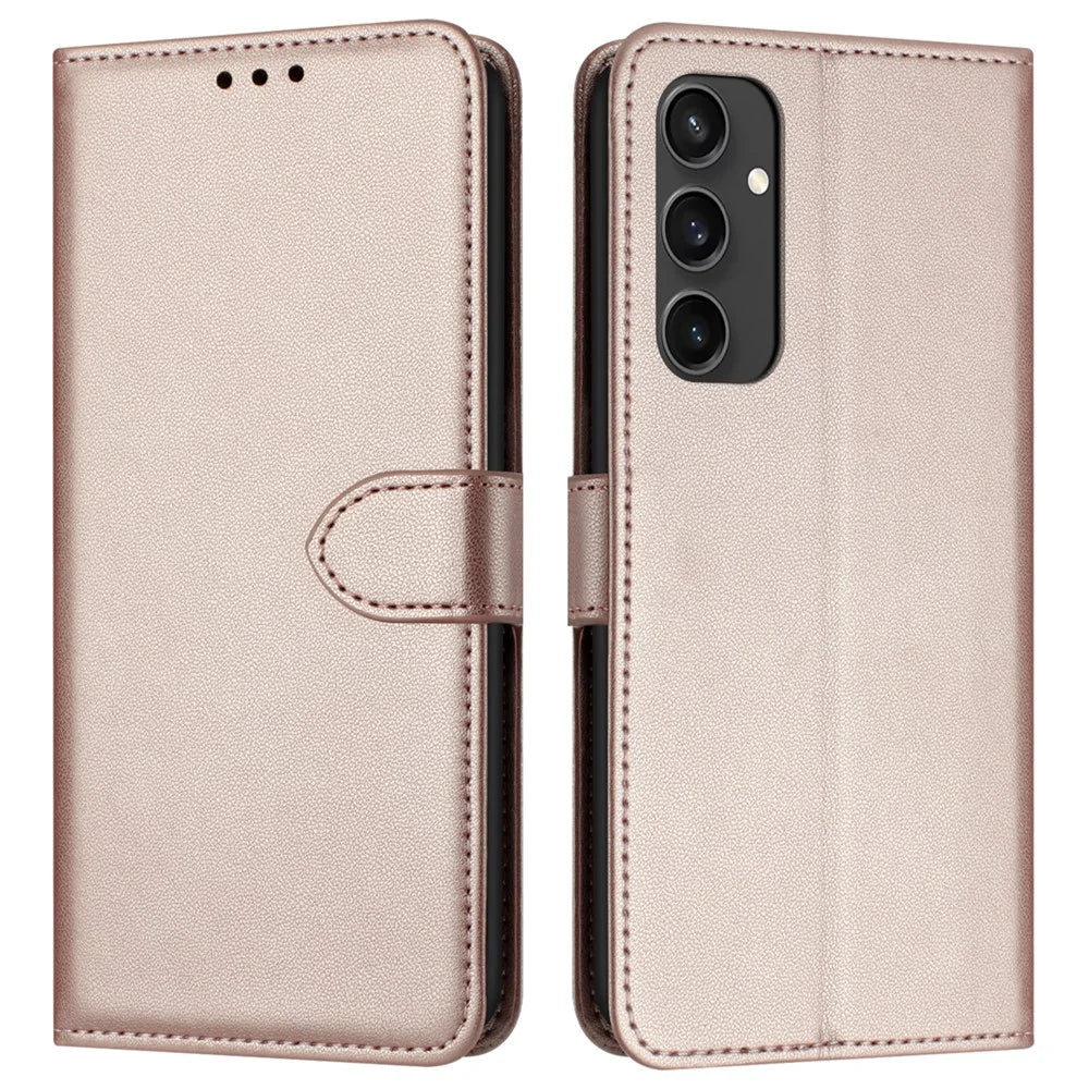 For Samsung Galaxy S24 FE Wallet Phone Case Leather Stand Cover with Strap - Rose Gold - 1