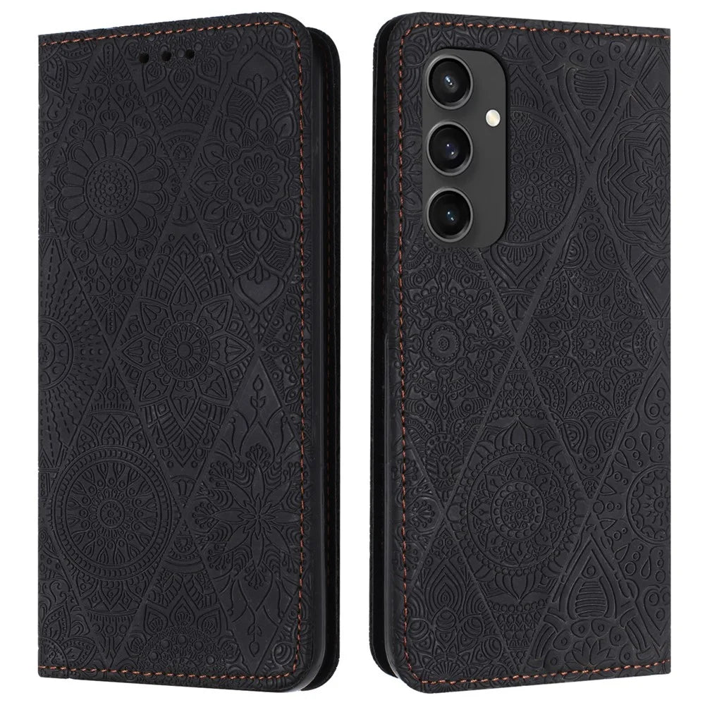 For Samsung Galaxy S24 FE Case Imprinted Flower Wallet Stand Leather Phone Cover - Black - 1