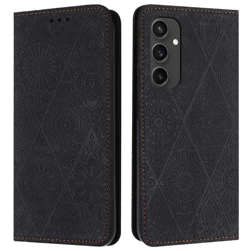 For Samsung Galaxy S24 FE Case Imprinted Flower Wallet Stand Leather Phone Cover - Black - 1