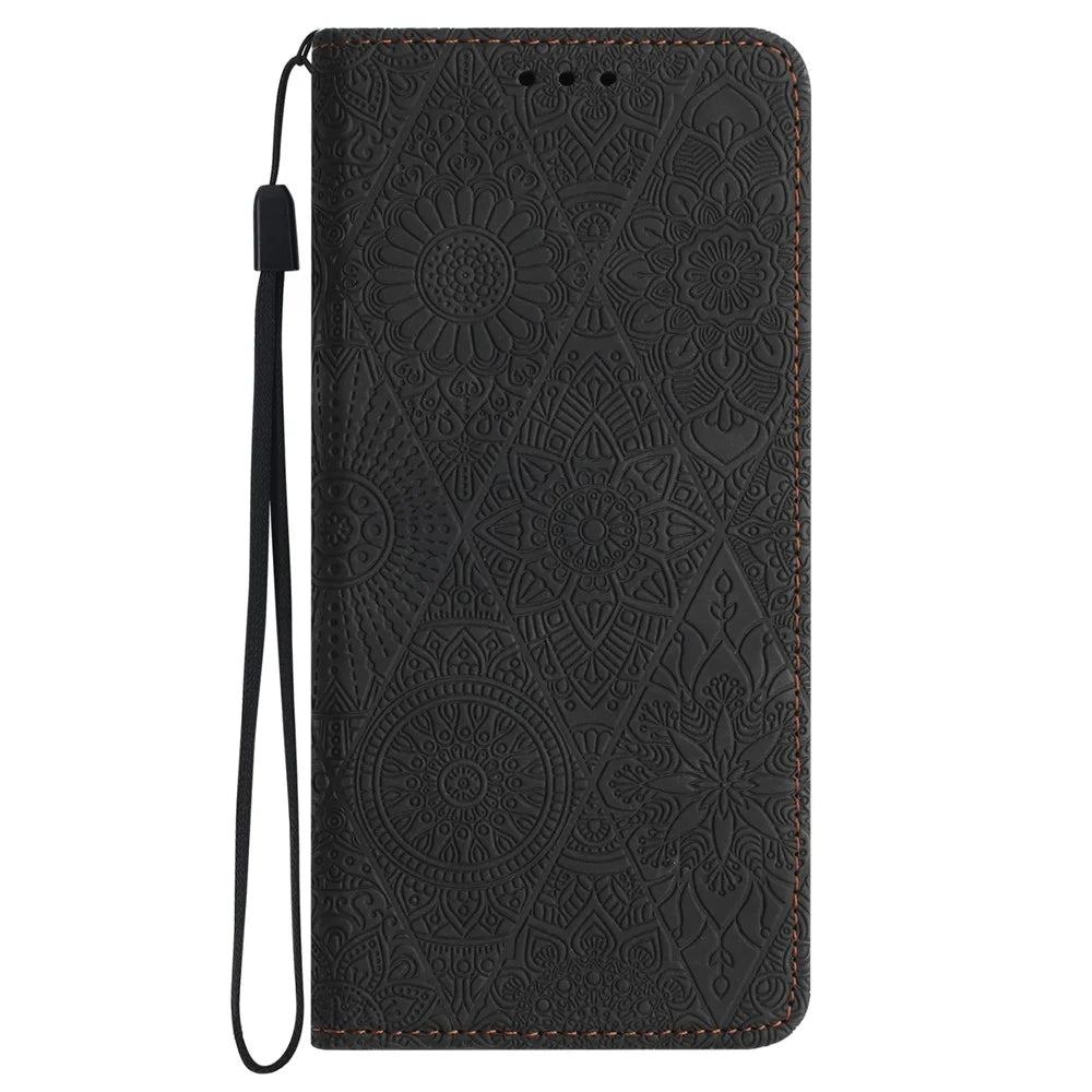 For Samsung Galaxy S24 FE Case Imprinted Flower Wallet Stand Leather Phone Cover - Black - 5