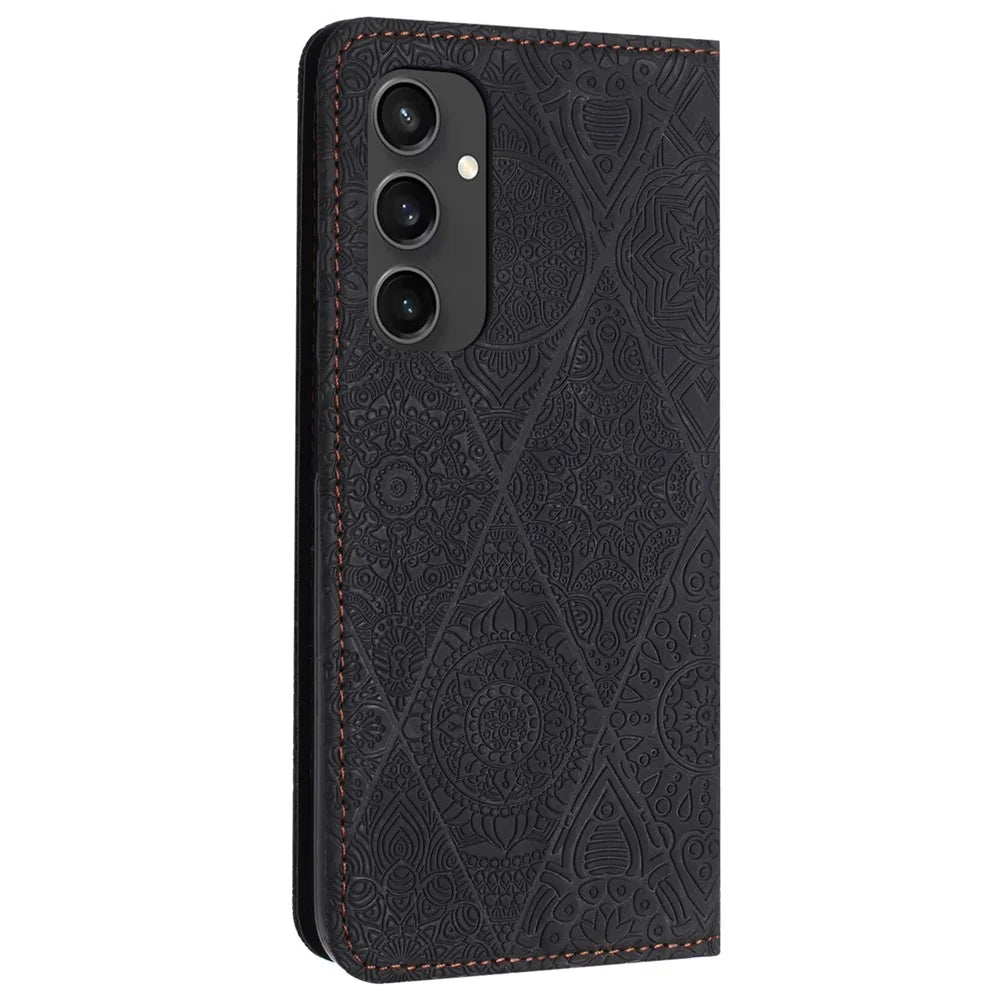 For Samsung Galaxy S24 FE Case Imprinted Flower Wallet Stand Leather Phone Cover - Black - 6