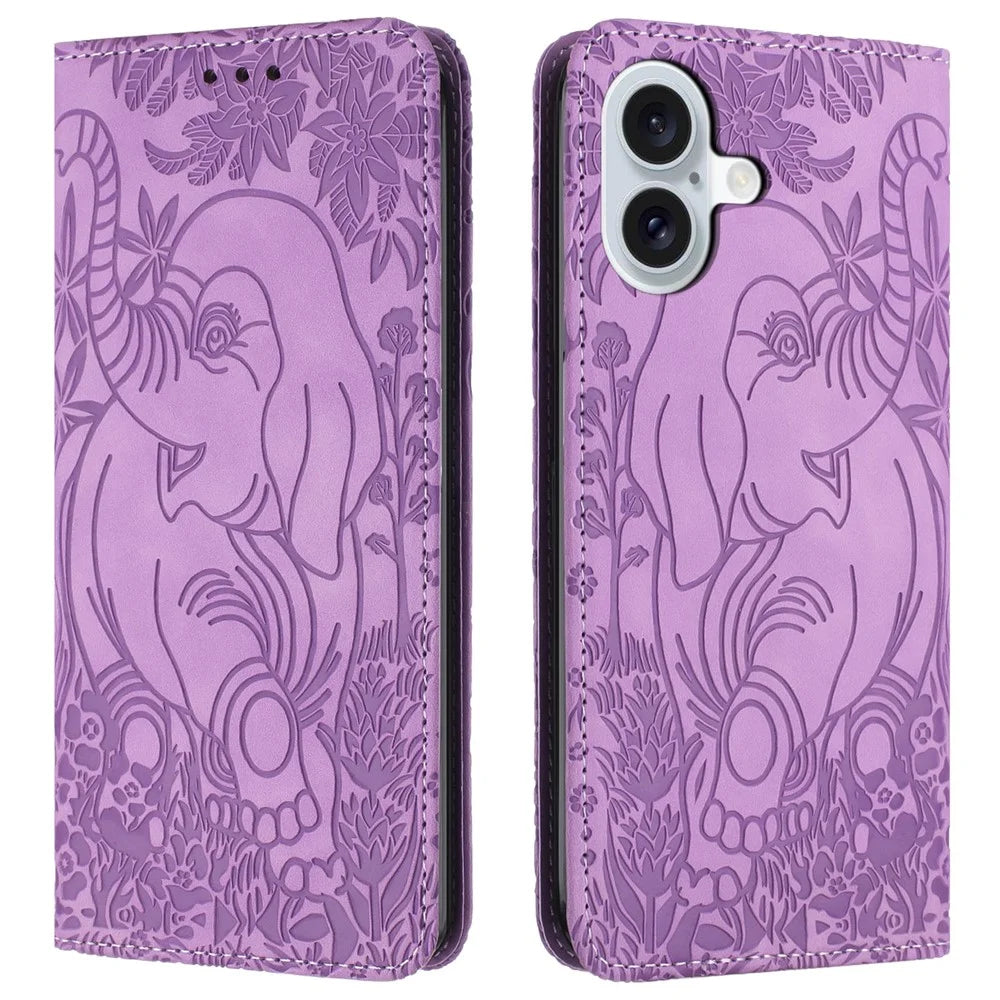For iPhone 16 Plus Case PU Leather Wallet Phone Cover Elephant Pattern - Purple - 1