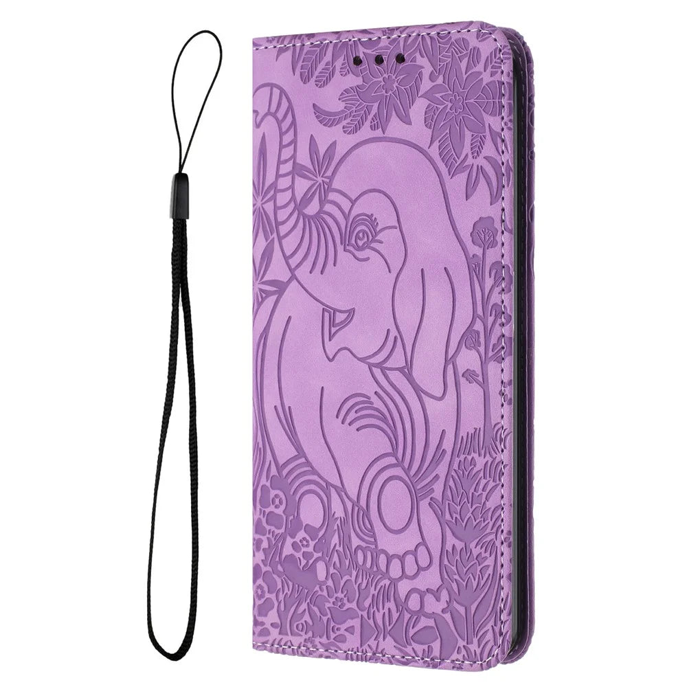 For iPhone 16 Plus Case PU Leather Wallet Phone Cover Elephant Pattern - Purple - 7