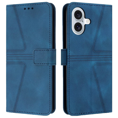 For iPhone 16 Plus Case Triangle Imprinted Anti-Scratch Phone Wallet Cover - Blue - 1