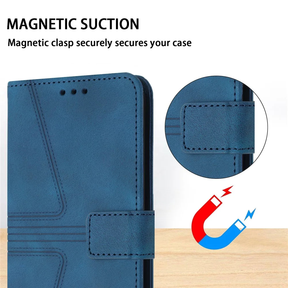For iPhone 16 Plus Case Triangle Imprinted Anti-Scratch Phone Wallet Cover - Blue - 5