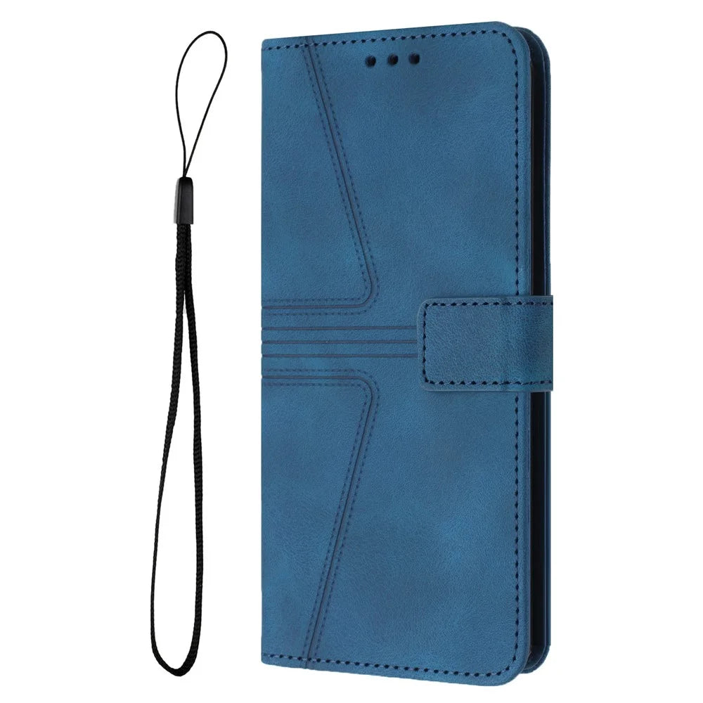 For iPhone 16 Plus Case Triangle Imprinted Anti-Scratch Phone Wallet Cover - Blue - 7