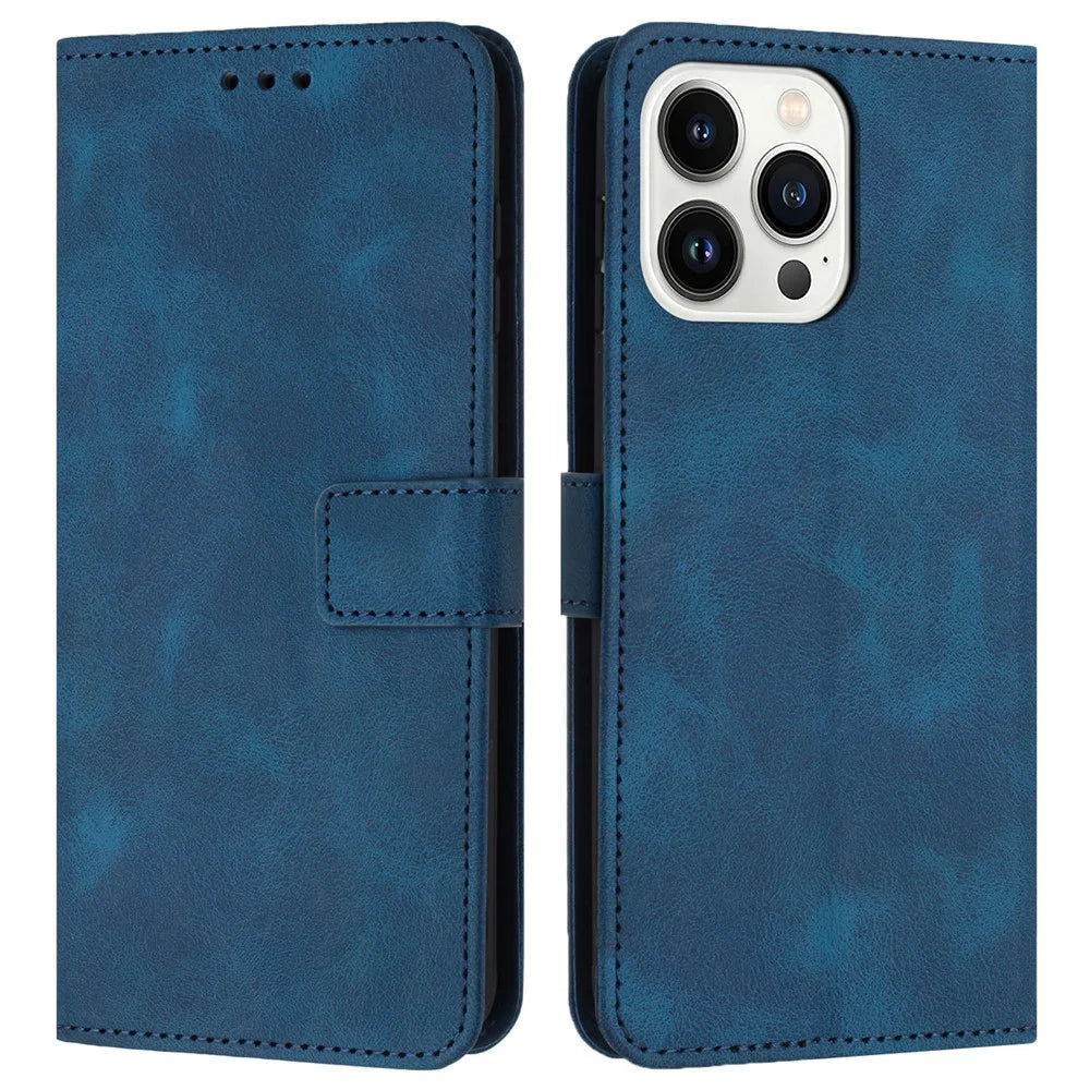 For iPhone 16 Pro Max Leather Case Solid Color Wallet Protective Phone Cover - Blue - 1