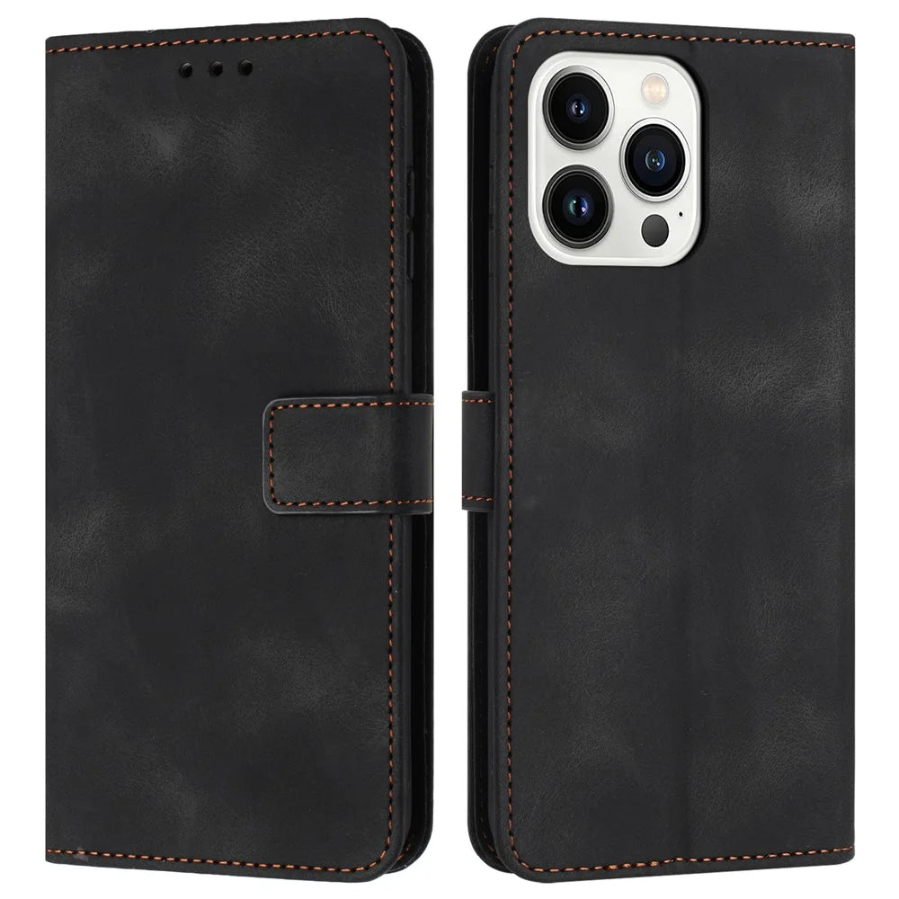 For iPhone 16 Pro Leather Case Solid Color Wallet Protective Phone Cover - Black - 1