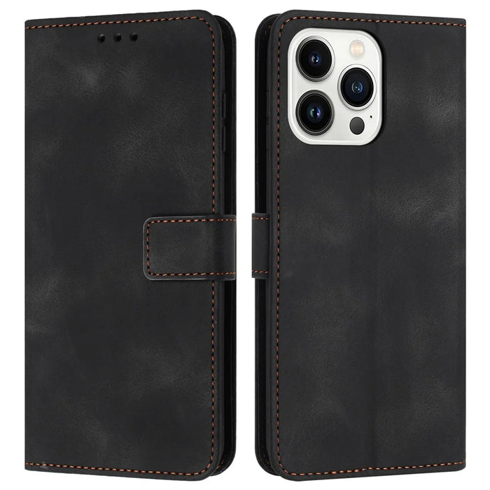 For iPhone 16 Pro Leather Case Solid Color Wallet Protective Phone Cover - Black - 1