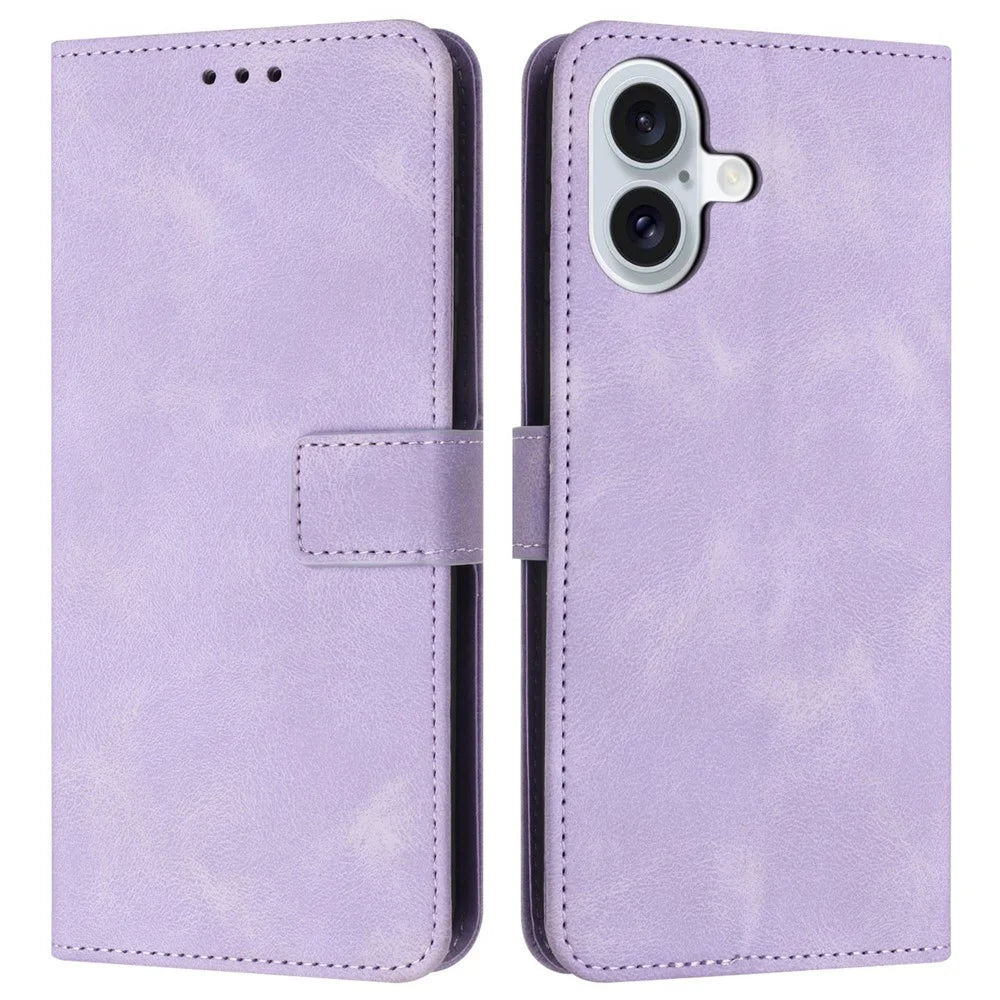 For iPhone 16 Plus Leather Case Solid Color Wallet Protective Phone Cover - Purple - 1