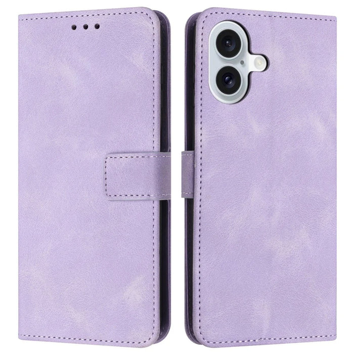 For iPhone 16 Plus Leather Case Solid Color Wallet Protective Phone Cover - Purple - 1