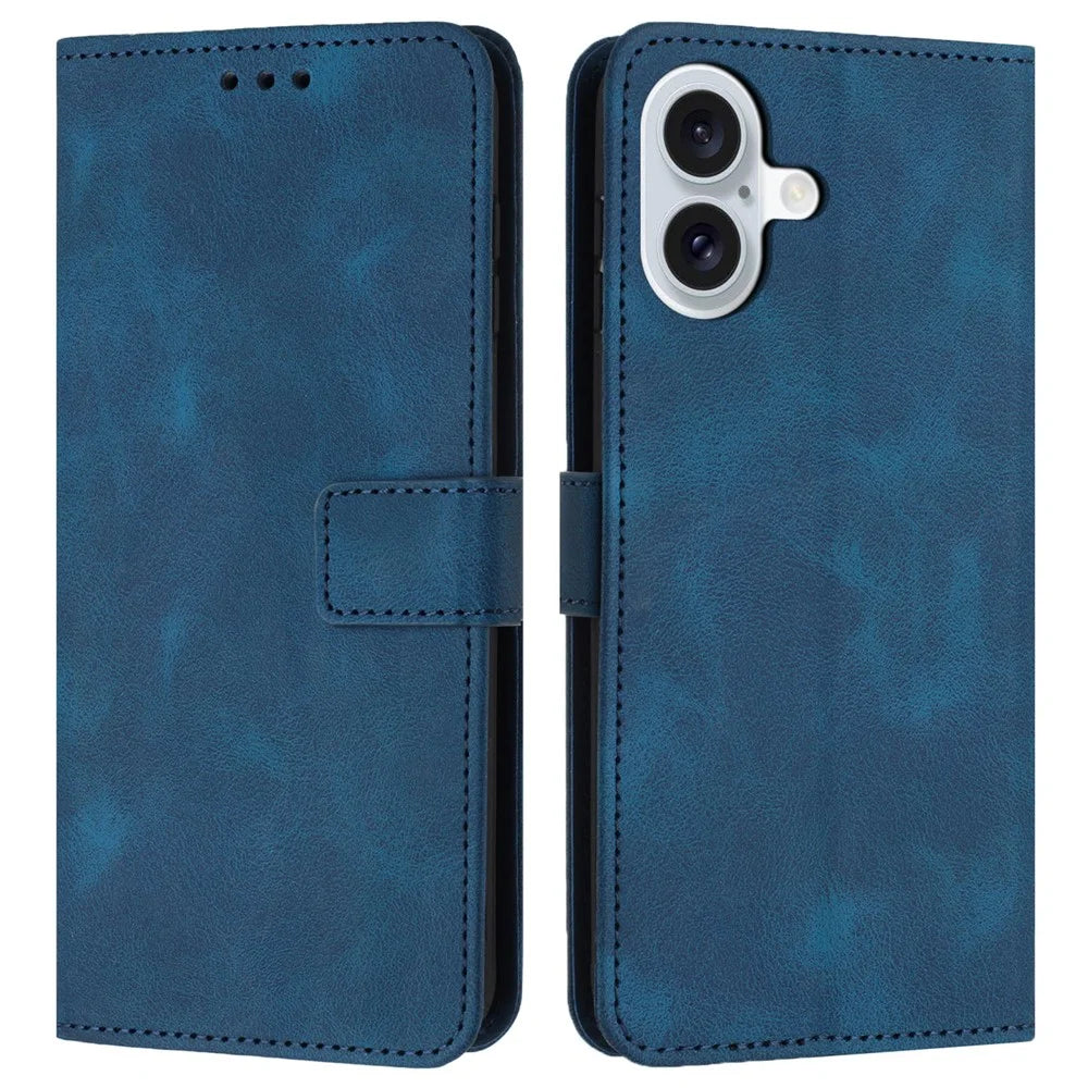For iPhone 16 Leather Case Solid Color Wallet Protective Phone Cover - Blue - 1