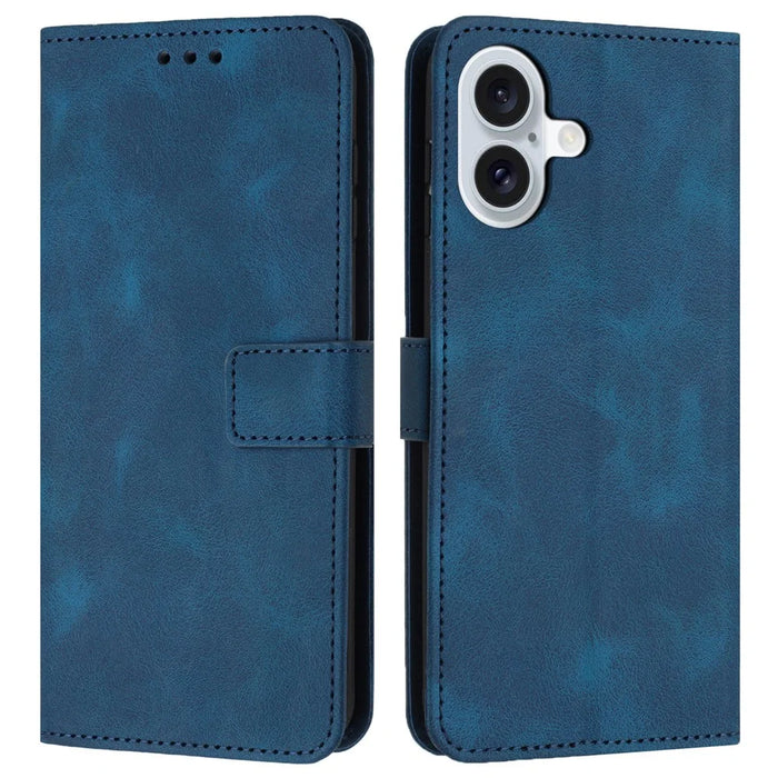 For iPhone 16 Leather Case Solid Color Wallet Protective Phone Cover - Blue - 1