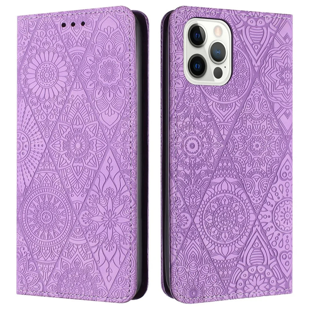 For iPhone 16 Pro Max Case Imprinted Flower Wallet Stand Leather Phone Cover - Purple - 1