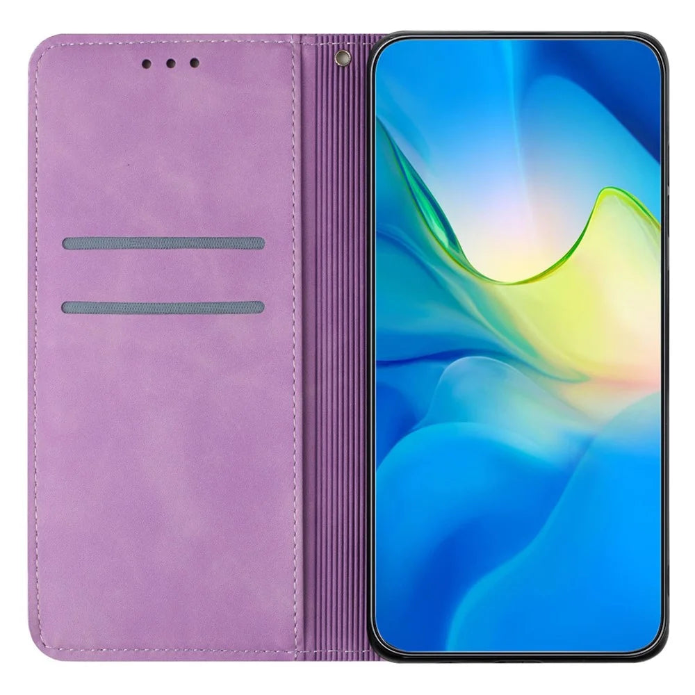 For iPhone 16 Pro Max Case Imprinted Flower Wallet Stand Leather Phone Cover - Purple - 2