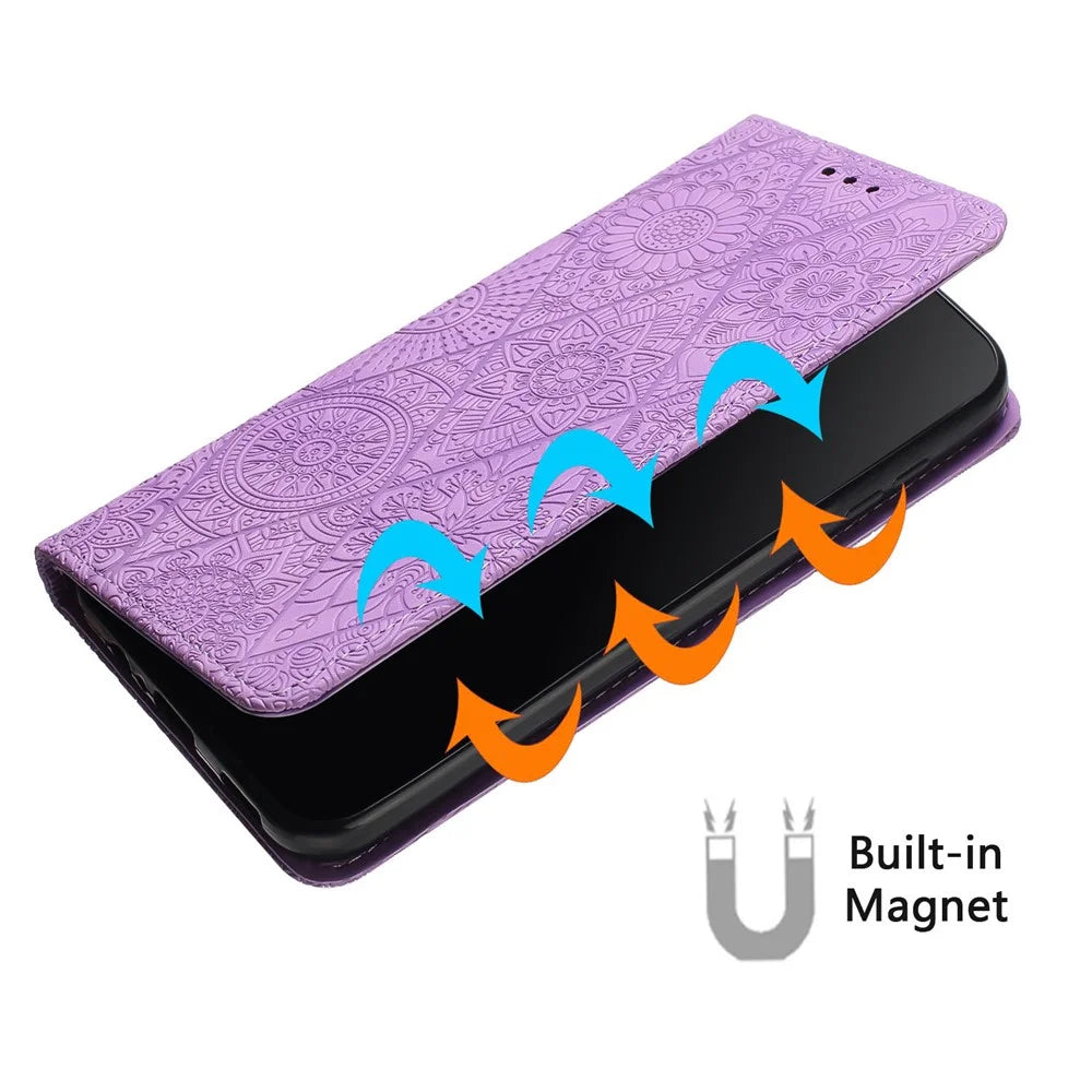 For iPhone 16 Pro Max Case Imprinted Flower Wallet Stand Leather Phone Cover - Purple - 4