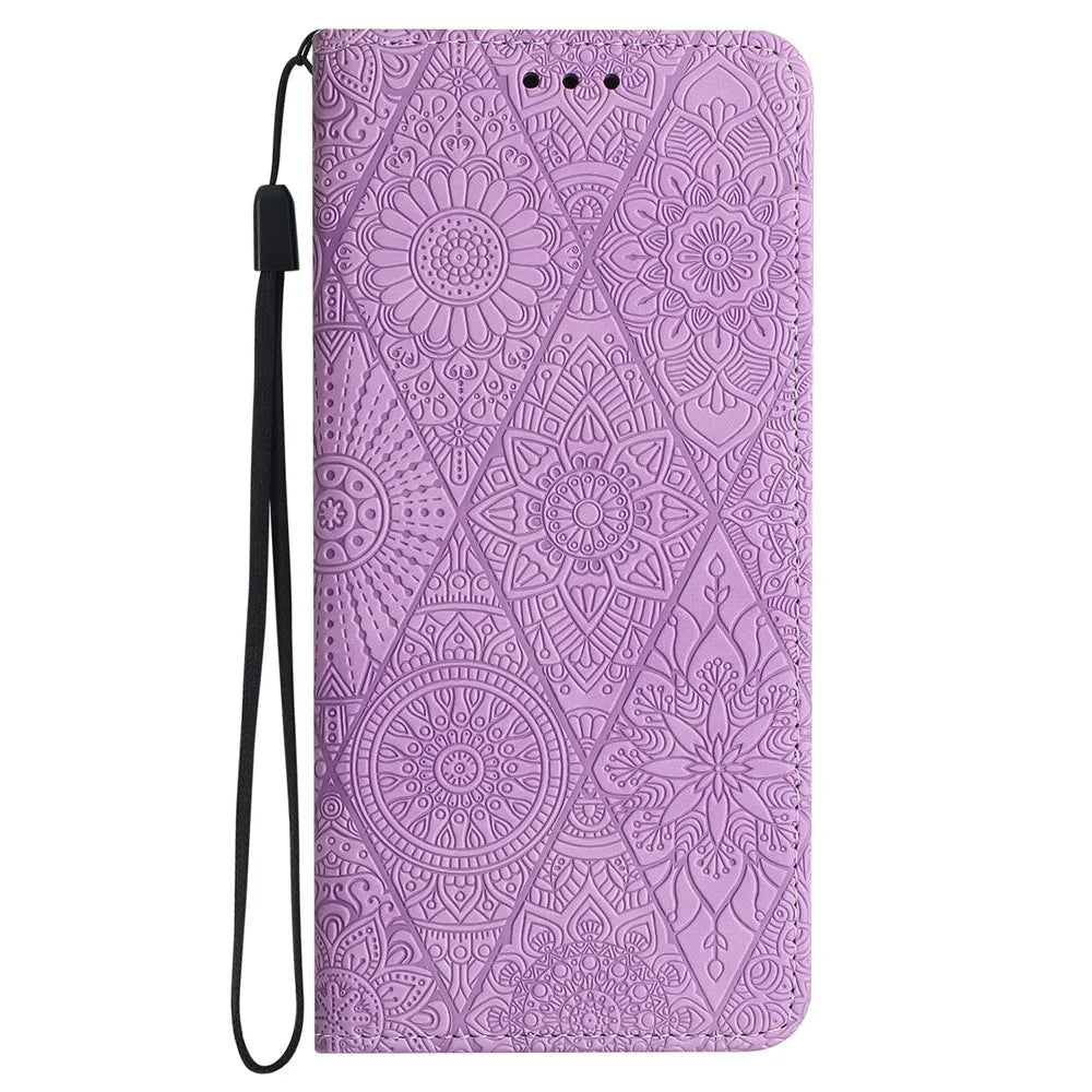 For iPhone 16 Pro Max Case Imprinted Flower Wallet Stand Leather Phone Cover - Purple - 5