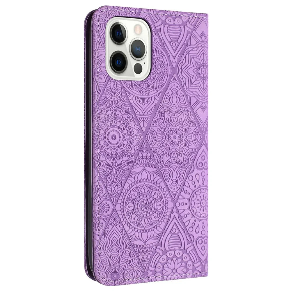 For iPhone 16 Pro Max Case Imprinted Flower Wallet Stand Leather Phone Cover - Purple - 6