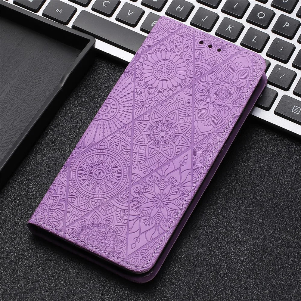 For iPhone 16 Pro Max Case Imprinted Flower Wallet Stand Leather Phone Cover - Purple - 7