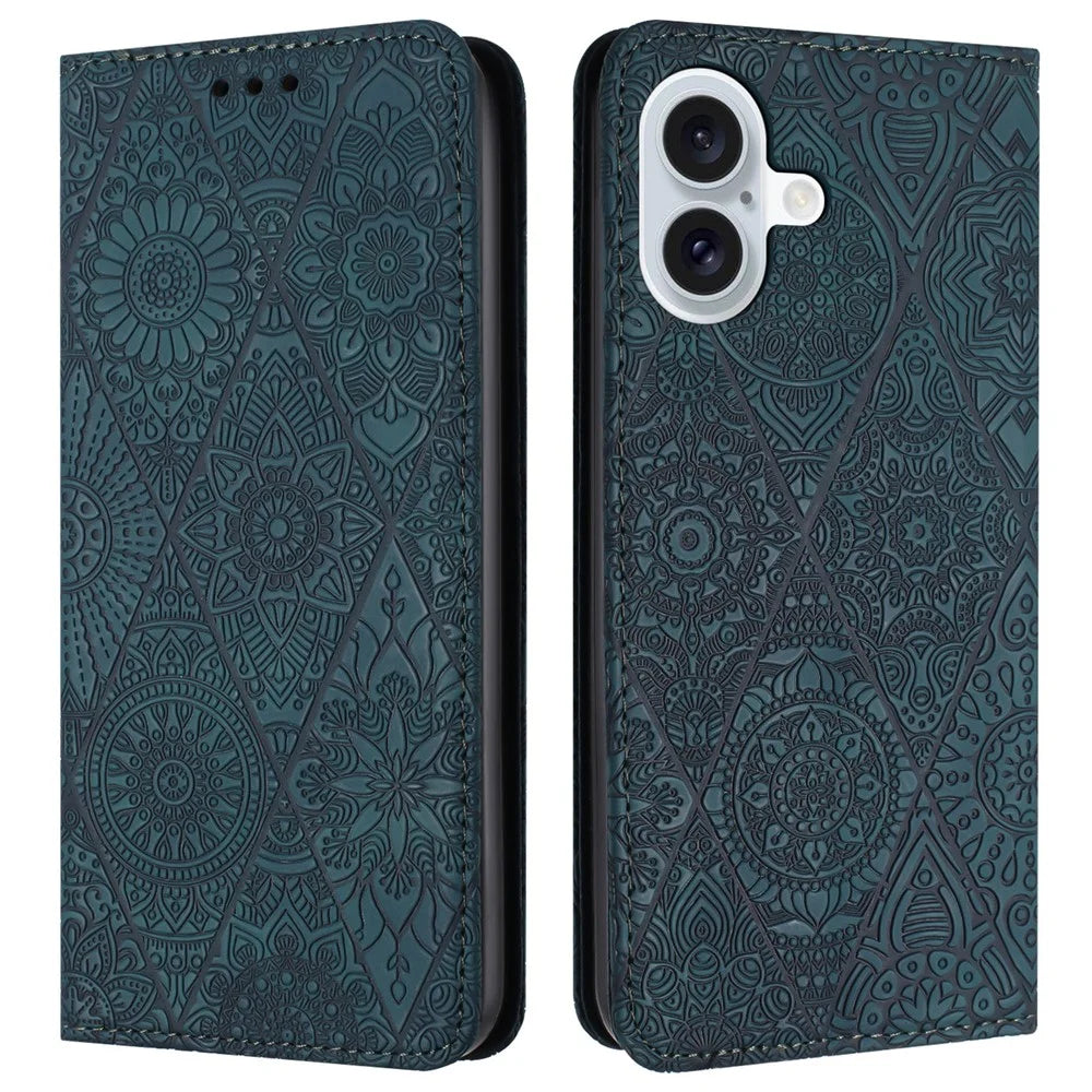 For iPhone 16 Plus Case Imprinted Flower Wallet Stand Leather Phone Cover - Blue - 1