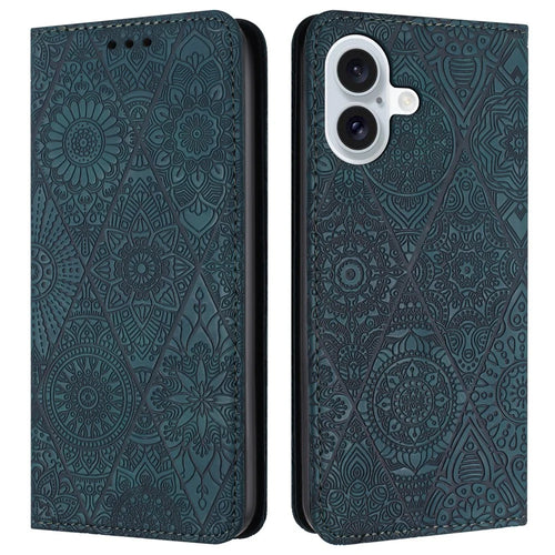 For iPhone 16 Plus Case Imprinted Flower Wallet Stand Leather Phone Cover - Blue - 1