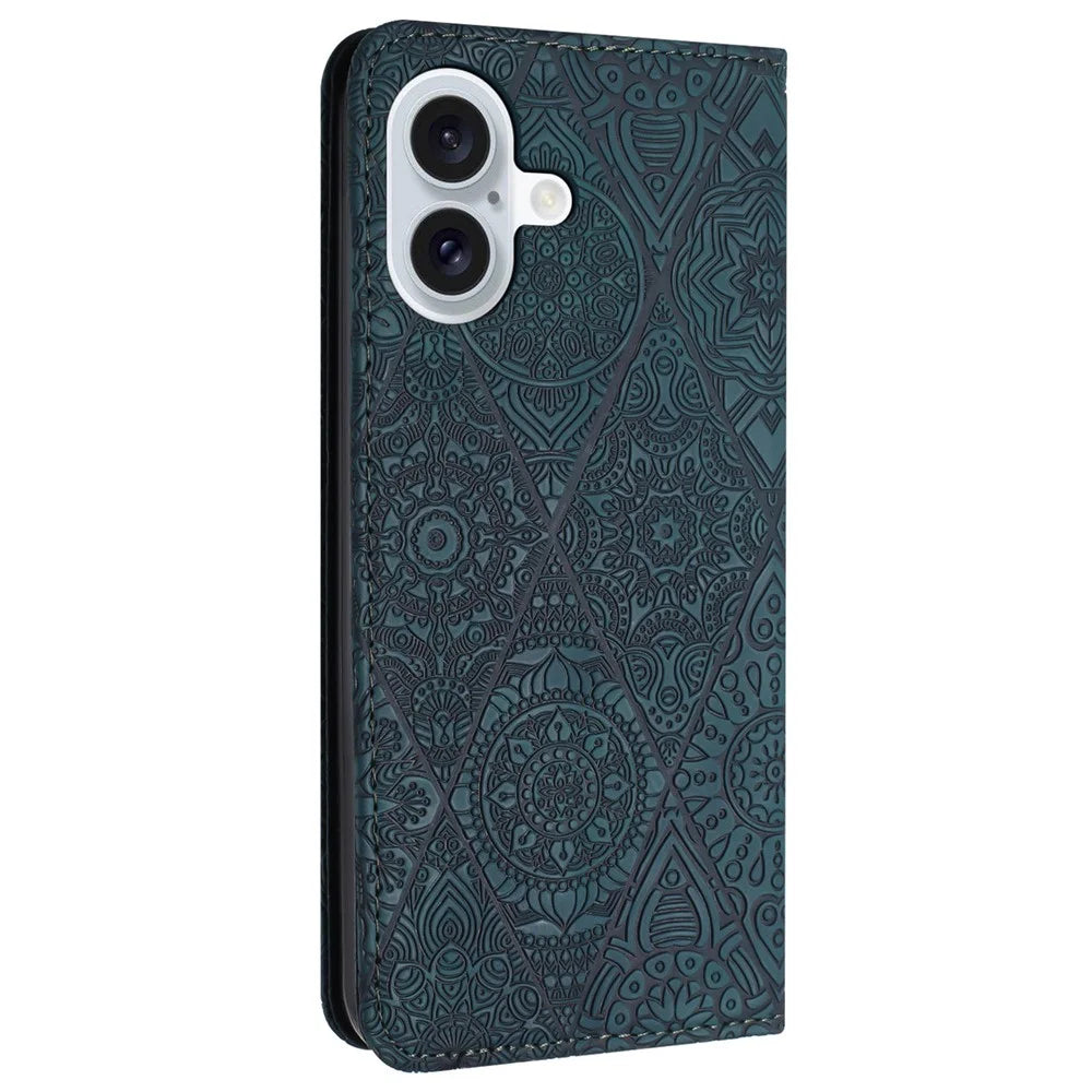 For iPhone 16 Plus Case Imprinted Flower Wallet Stand Leather Phone Cover - Blue - 6