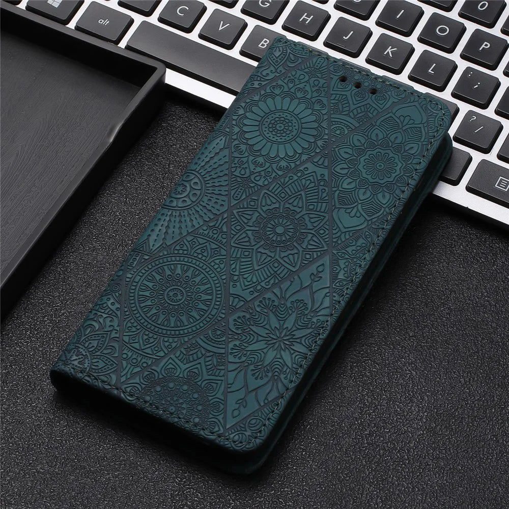 For iPhone 16 Plus Case Imprinted Flower Wallet Stand Leather Phone Cover - Blue - 7