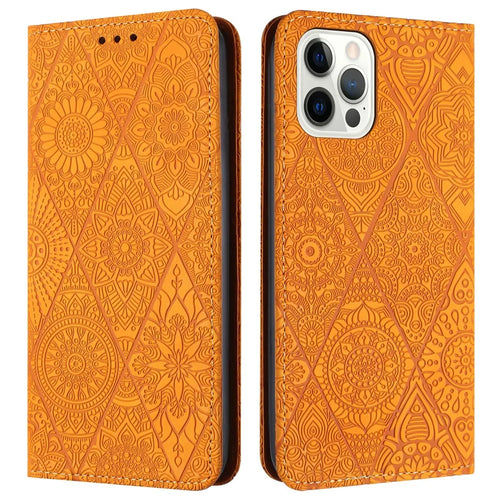 For iPhone 16 Pro Case Imprinted Flower Wallet Stand Leather Phone Cover - Yellow - 1