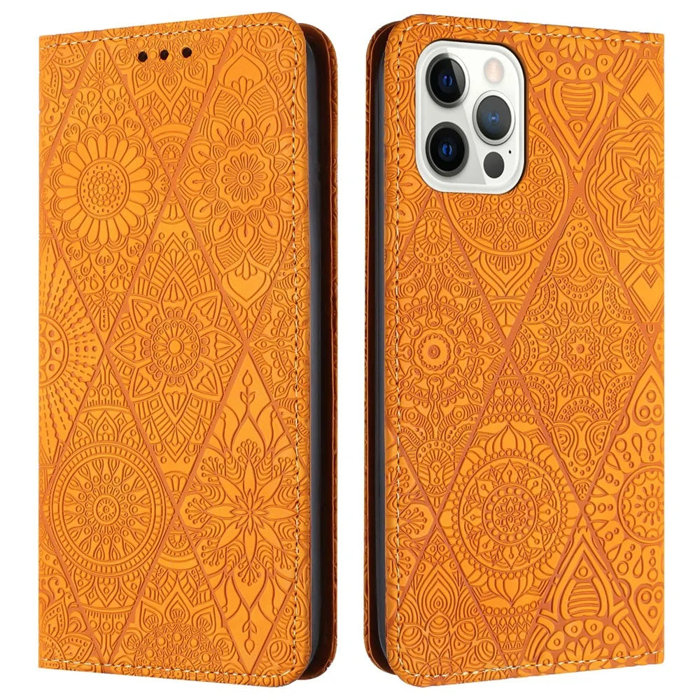 For iPhone 16 Pro Case Imprinted Flower Wallet Stand Leather Phone Cover - Yellow - 1