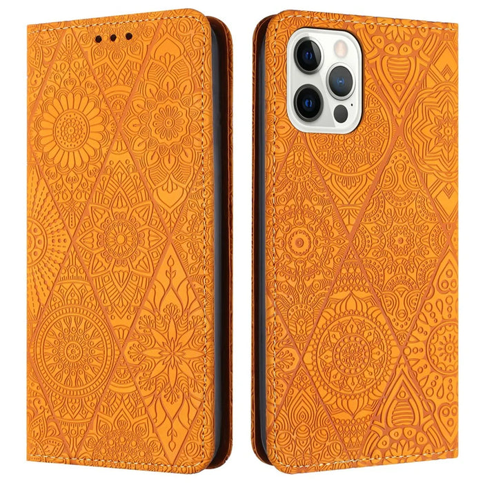 For iPhone 16 Pro Case Imprinted Flower Wallet Stand Leather Phone Cover - Yellow - 1