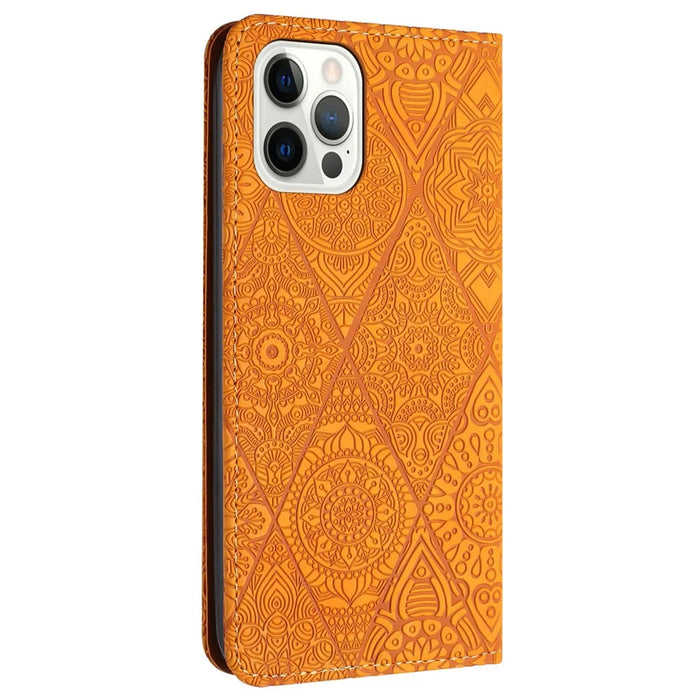 For iPhone 16 Pro Case Imprinted Flower Wallet Stand Leather Phone Cover - Yellow - 6