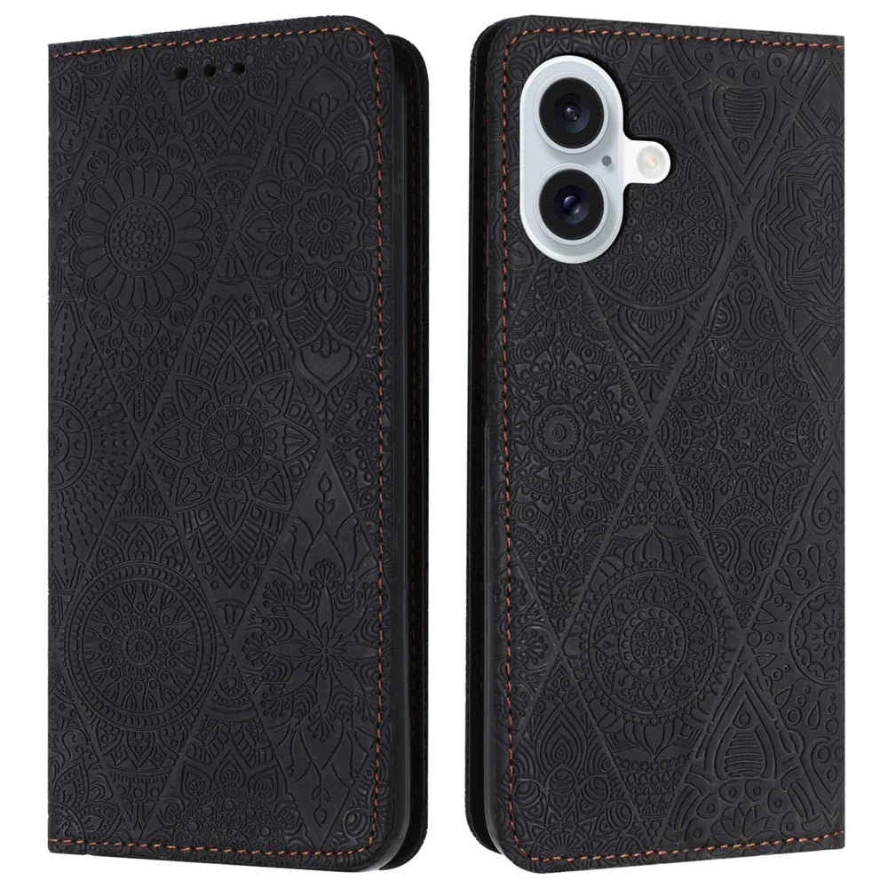 For iPhone 16 Case Imprinted Flower Wallet Stand Leather Phone Cover - Black - 1